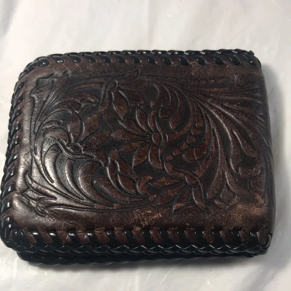 Vintage Handmade Tooled  Brown Leather Western Cowboy Horse and Flowers Wallet